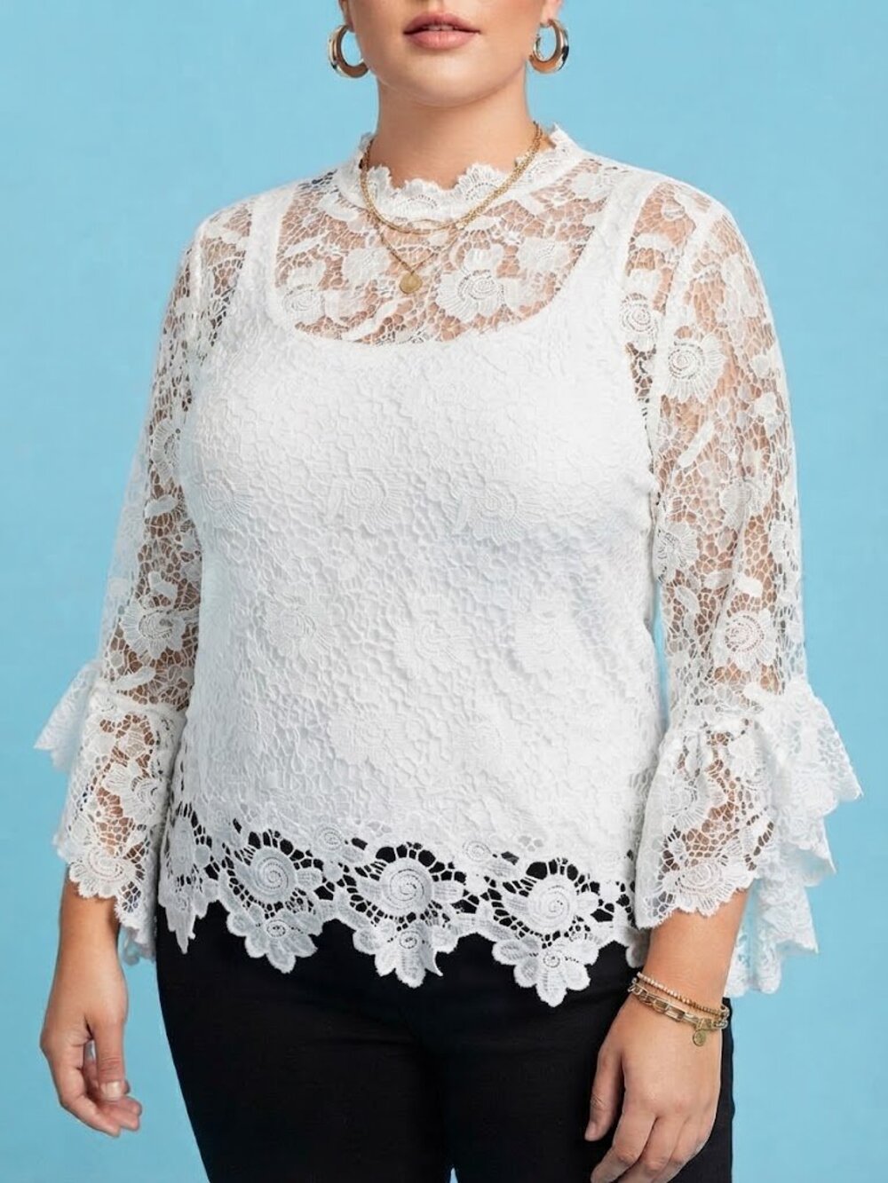 White Crochet Lace Floral Flowy Long Sleeve Blouse